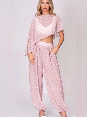 A337. Polka Dot Pink Two-Piece Harlem Balloon Pants and Cape Set